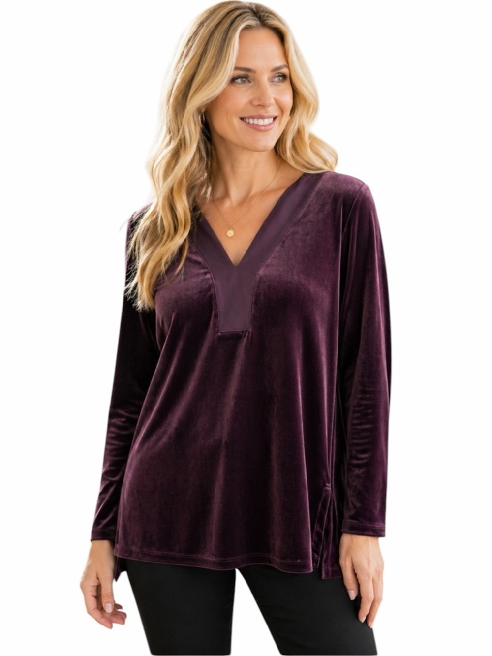 Pure Jill XL Plum Velvet V-Neck Tunic Blouse Soft Stretch Long Sleeve